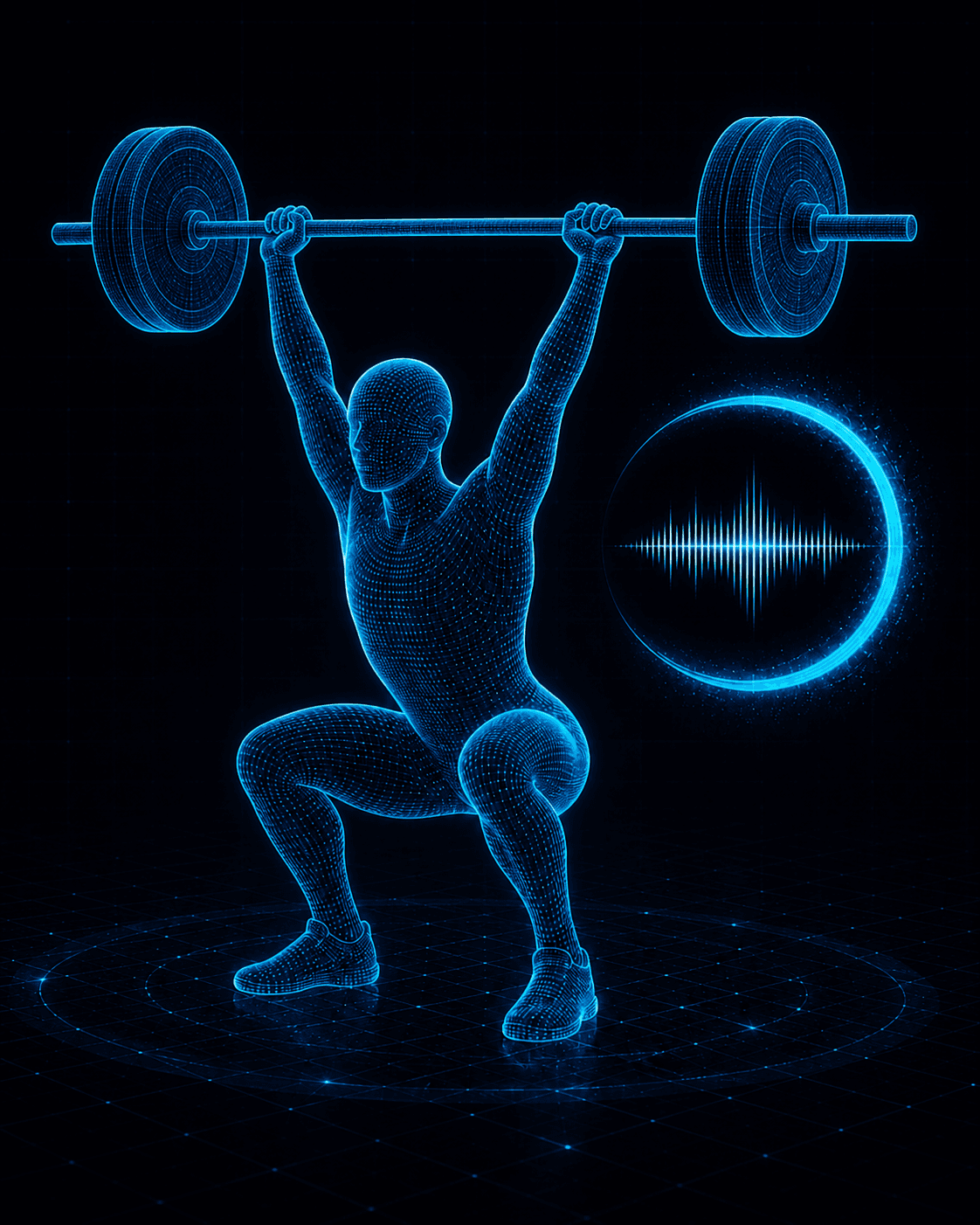 Blue digital mesh athlete holding a barbell overhead beside an illuminated voice-coach ring