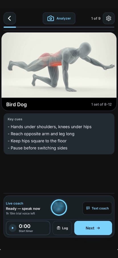 Tip Top Fitness workout screen showing an active guided exercise and voice coaching controls
